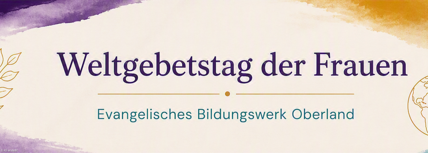 „Banner zum Weltgebetstag der Frauen mit dekorativem Schriftzug und Symbolen für weltweite Verbundenheit.“