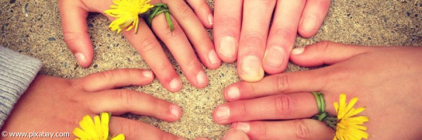 Kleine und große Hände mit gelben Einzelblüten sind kreisförmig angeordnet.